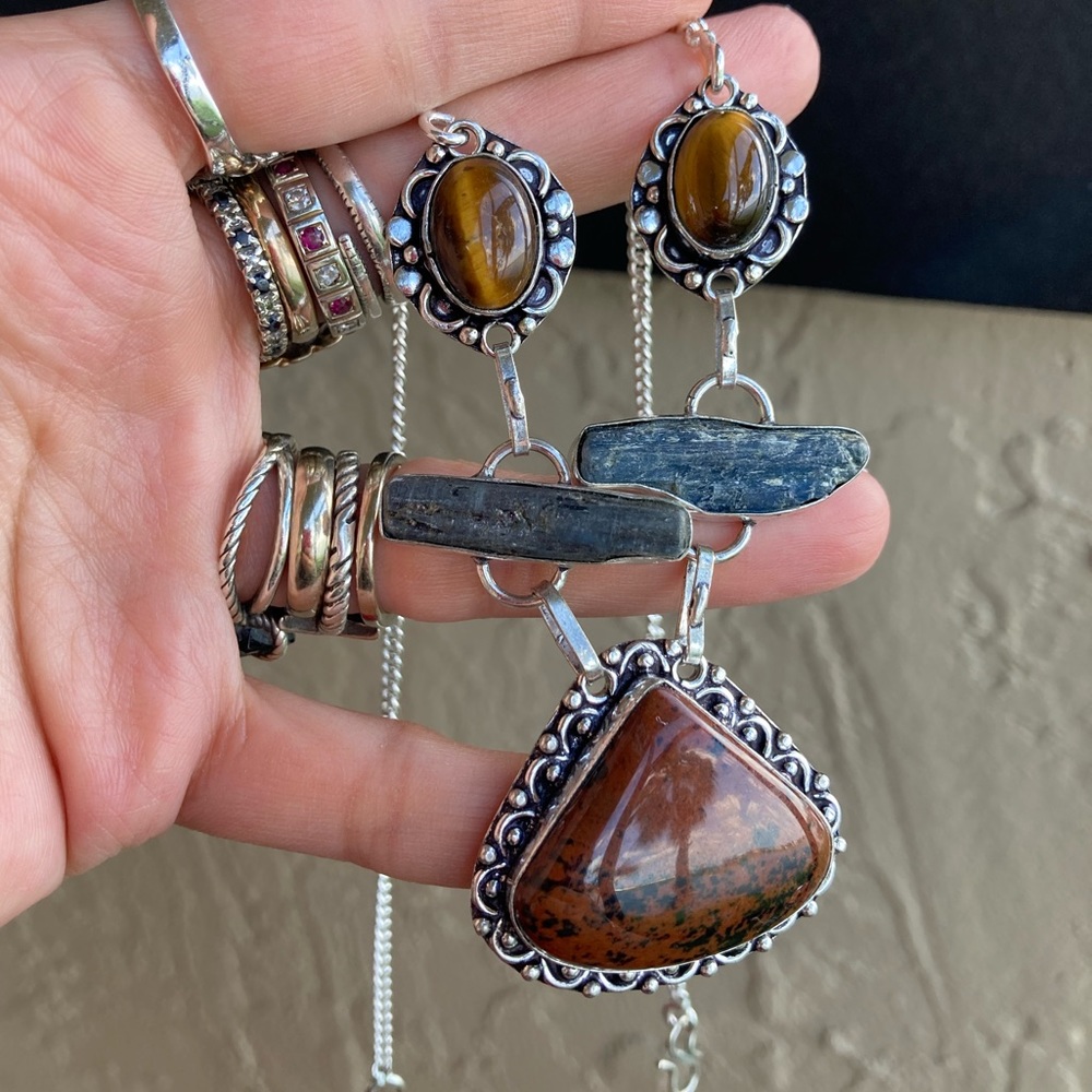 925 sterling silver overlay red jasper tiger eye kyanite gemstone boho necklace - Picture 15 of 16